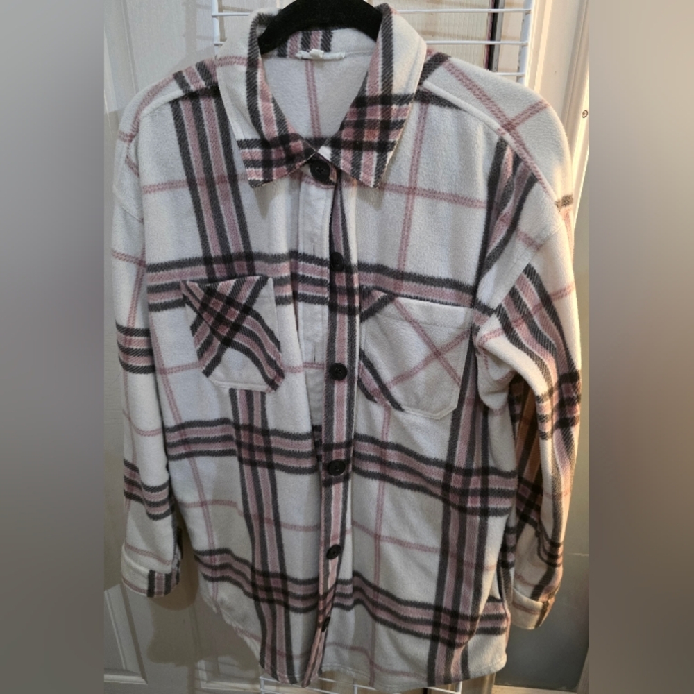 Maurices Cream and Pink Plaid Fleece Shirt